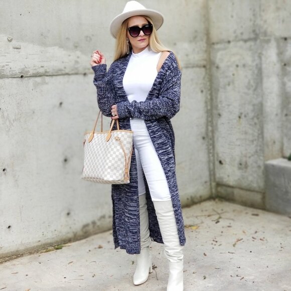 Long Navy Blue Knit Cardigan - Picture 2 of 7